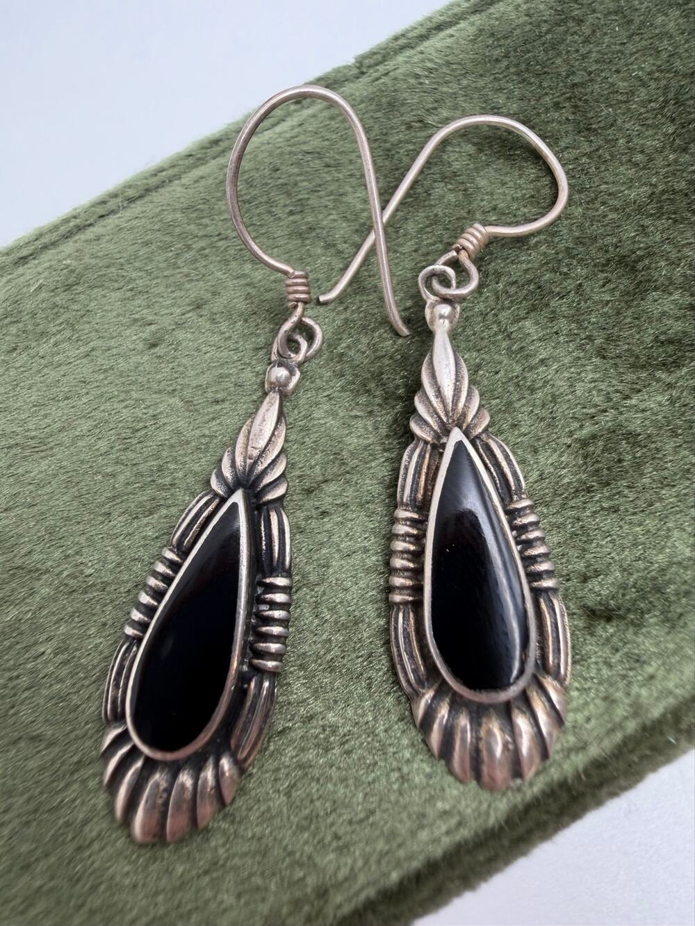 Vintage Sterling Silver Earrings - Black Onyx - 925 Hallmarked